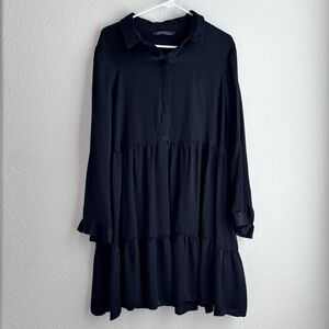 Zara Collared Tiered Long Sleeve Black Dress XL